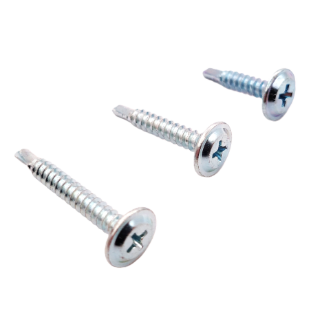 Drill screw with flat head for metal fastening, zinc coated steel