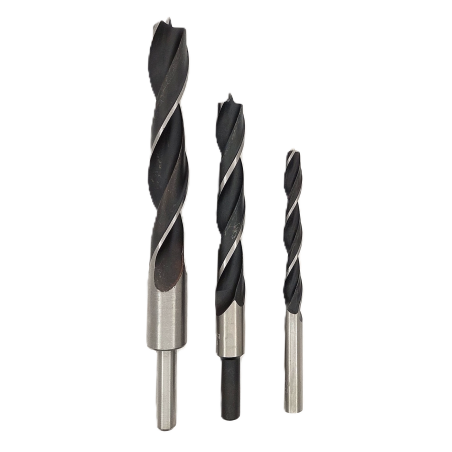 Wood drill bit with center point, CV steel, straight shank, dual cutting edges, for hardwood and panels