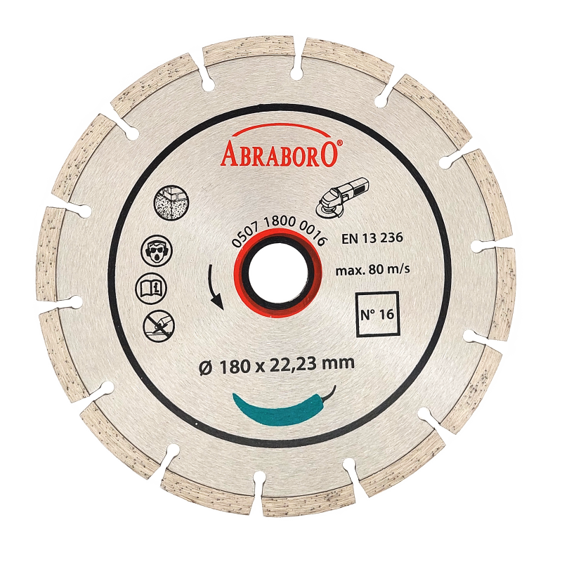 Diamond cutting disc for bricks and concrete, segmented edge, 7–9 mm segments, ABRABORO,Nr. 16