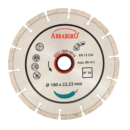 Diamond cutting disc for bricks and concrete, segmented edge, 7–9 mm segments, ABRABORO,Nr. 16