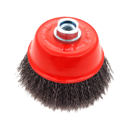 Cup brush with crimped wire for rust and weld cleaning, M14 thread