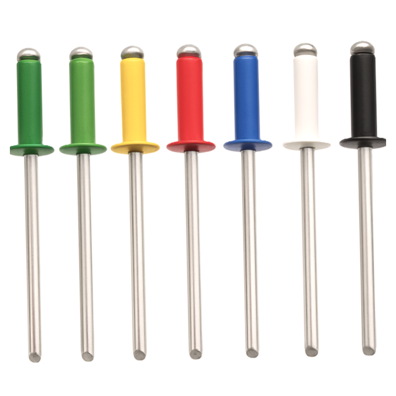 Colored blind rivet for aesthetic single-side fastening, aluminium body with RR color coating and steel mandrel Colored blind rivet for aesthetic single-side fastening, aluminium body with RR color coating and steel mandrel