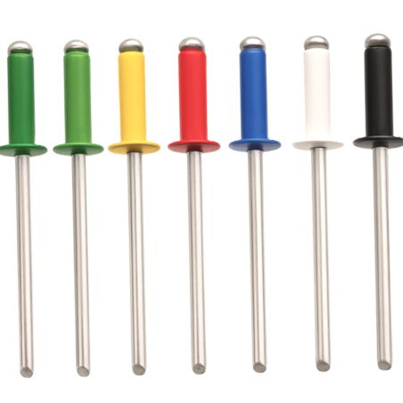 Colored blind rivet for aesthetic single-side fastening, aluminium body with RR color coating and steel mandrel