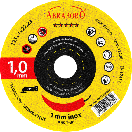 Griešanas disks metālam ,akumulatora leņķa slīpmašīnām(125×1.0×22–230×1.9×22 mm), plāns un izturīgs INOX  ABRABORO®