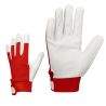 Red and white goatskin work gloves with cotton back and adjustable Velcro strap for precise hand protection