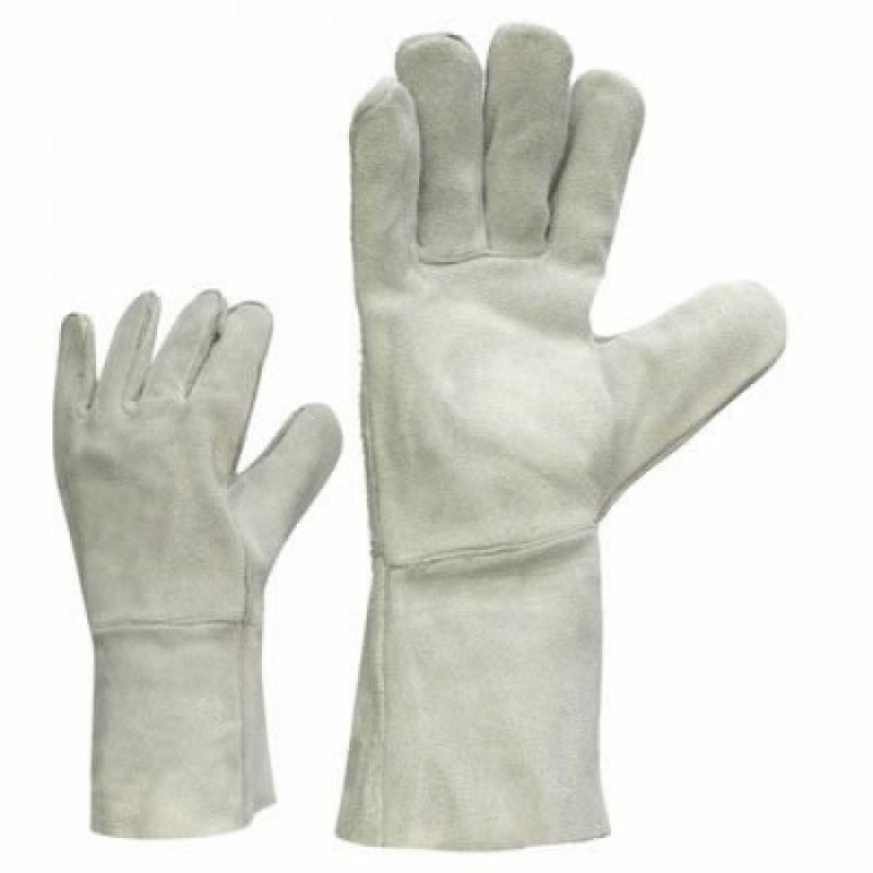 Grey suede leather welding gloves with extended cuff for forearm protection