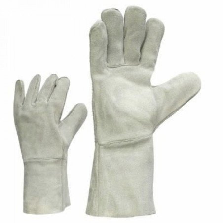 Grey suede leather welding gloves with extended cuff for forearm protection