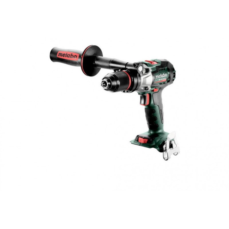 Metabo SB 18 LTX BL I 18V cordless hammer drill driver body with side handle and belt hook, side view