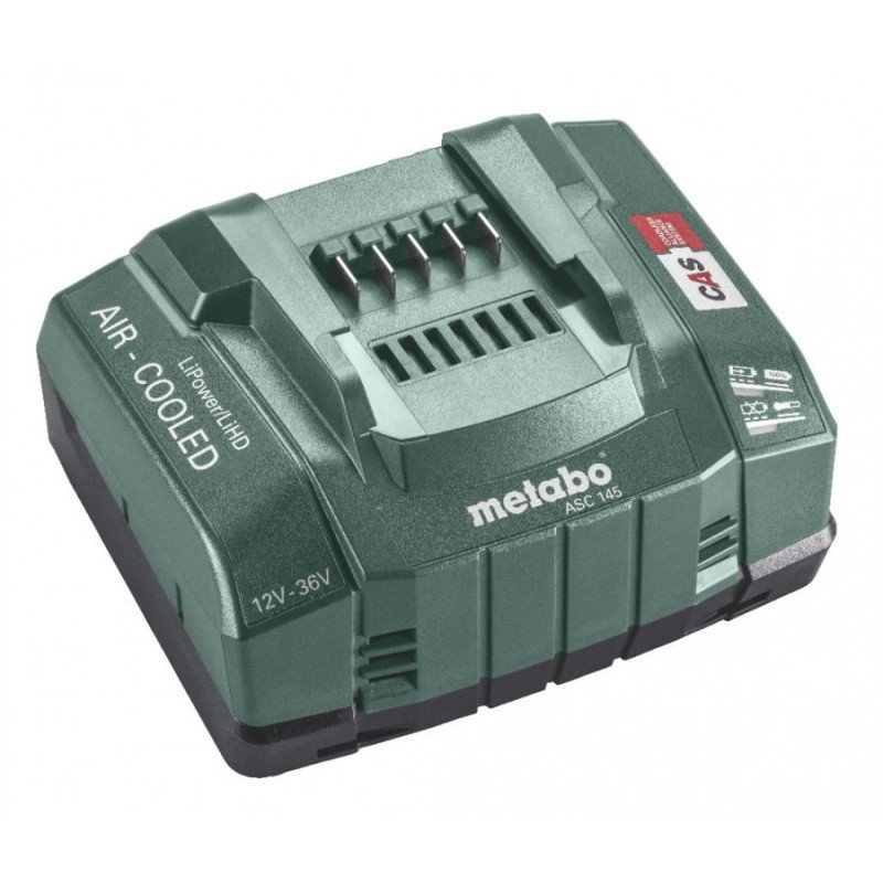 Metabo ASC 145 12–36V AIR COOLED battery charger for CAS Li-Ion and LiHD packs, side view