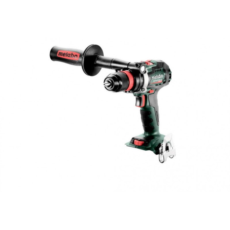 Metabo BS 18 LTX BL Q Impuls 18V cordless drill driver body with side handle and quick-change chuck, side view
