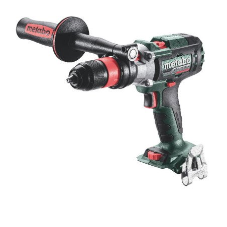 Metabo SB 18 LTX-3 BL Q I 18V three-speed brushless cordless hammer drill body with side handle and Futuro Plus chuck, side view