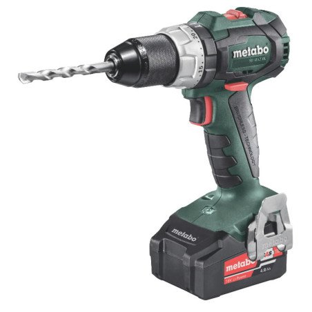 Metabo SB 18 LT BL 18V cordless hammer drill driver with 4.0Ah battery and keyless chuck, side view