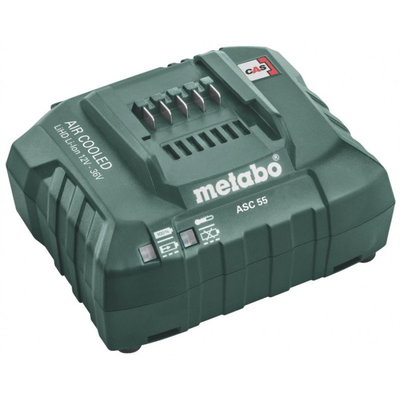 Metabo ASC 55 AIR COOLED akumulatora lādētājs 12–36 V Li-Ion/LiHD akumulatoriem, zaļš korpuss ar CAS marķējumu