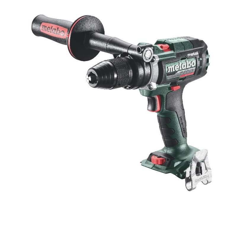 Metabo BS 18 LTX-3 BL I Metal 18V three-speed brushless cordless drill driver with side handle and metal chuck, side view