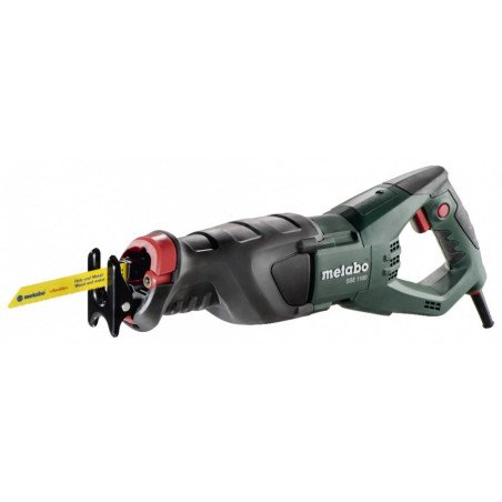 Metabo SSE 1100 1100 W reciprocating saw with soft-grip handle and yellow wood/metal blade