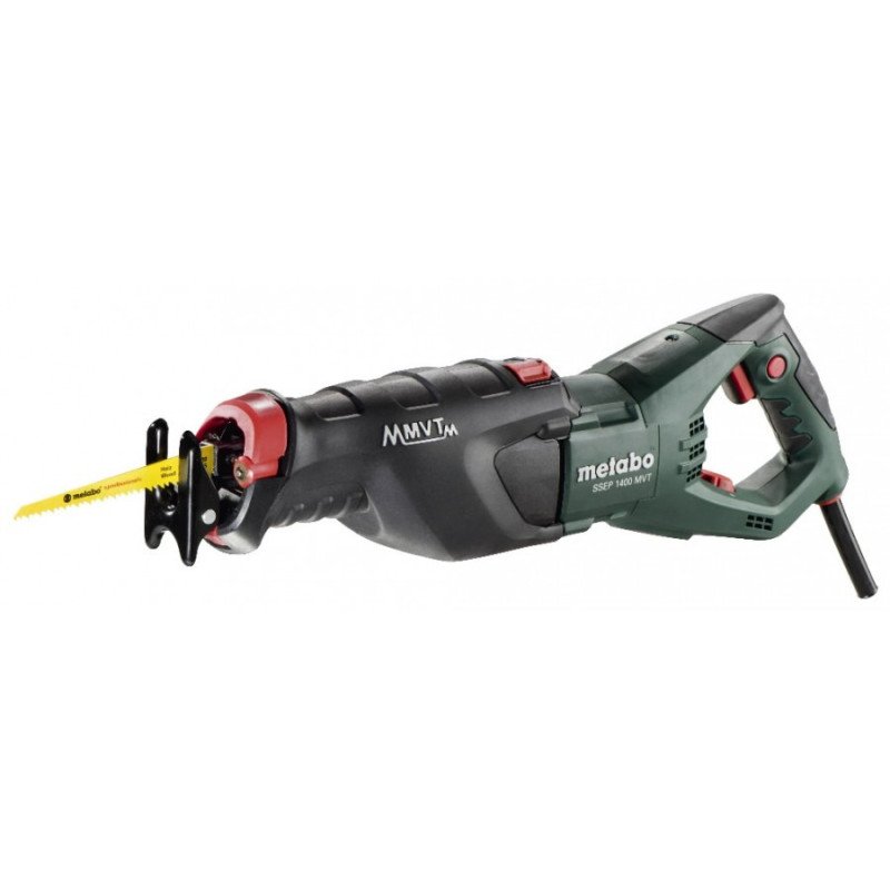Metabo SSEP 1400 MVT reciprocating saw with soft-grip handle, blue blade and plastic carry case