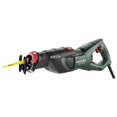 Metabo SSEP 1400 MVT reciprocating saw with soft-grip handle, blue blade and plastic carry case