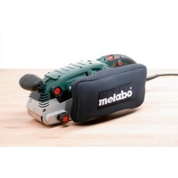 Metabo BAE 75 belt sander with antistatic dust bag and stand on a workbench