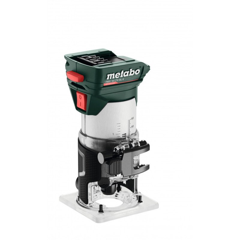 Metabo FMV 18 LTX BL 8 akumulatora virsfrēze malu frēzēšanai karkass ar 6/8 mm spīļžokļiem un putekļu nosūkšanas adapteri