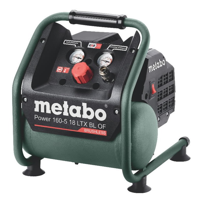 Metabo Power 160-5 18 LTX BL OF akumulatora kompresors 18 V 5 l 8 bar karkass ar manometriem un aizsargājošu rāmi