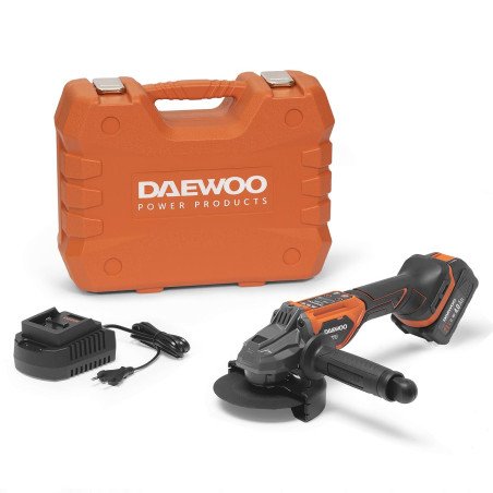 DAEWOO DAG 3021Li cordless angle grinder with side handle and disc guard; kit image shows the case, charger and a 21V battery