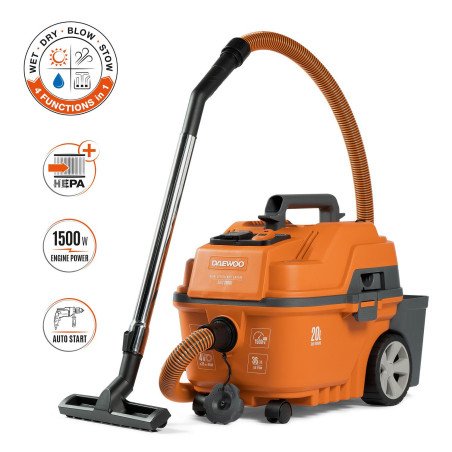 DAEWOO DAVC 2000S universālais putekļsūcējs sausai un mitrai uzkopšanai ar 20 l tvertni, HEPA filtru un auto start kontaktligzdu