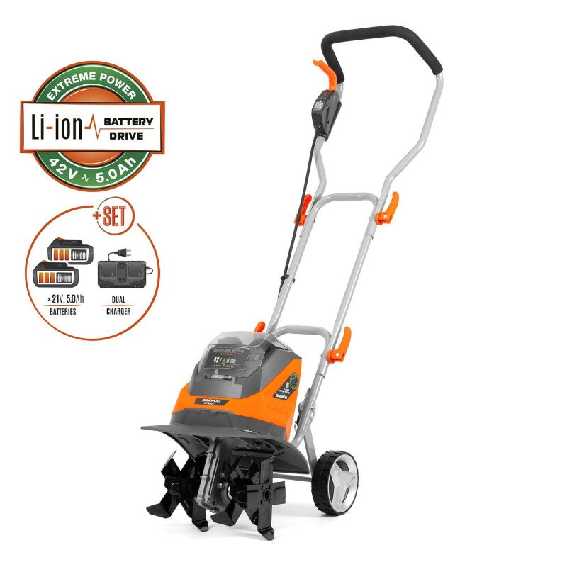 DAEWOO DAT 3042Li SET 42V (2×21V) cordless cultivator with 300 mm working width, 2×5.0Ah batteries and dual charger