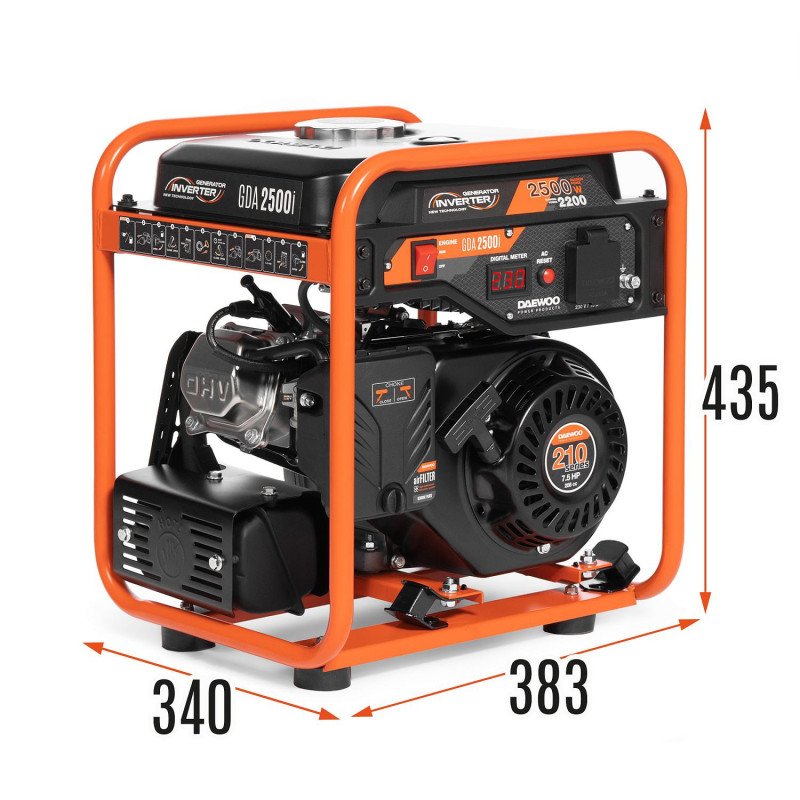 Inverter petrol generator DAEWOO GDA 2500i with 2.5 kW output, 230 V socket, metal frame and digital display