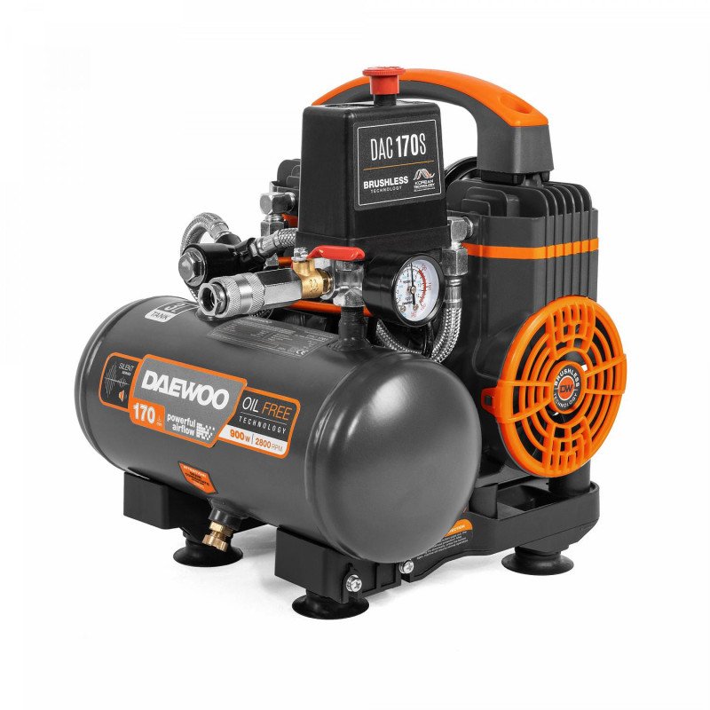 Bezeļļas kompresors DAEWOO DAC 170S ar 0.9 kW jaudu, 170 l/min ražību, 3 l resīveru un 8 bar spiedienu
