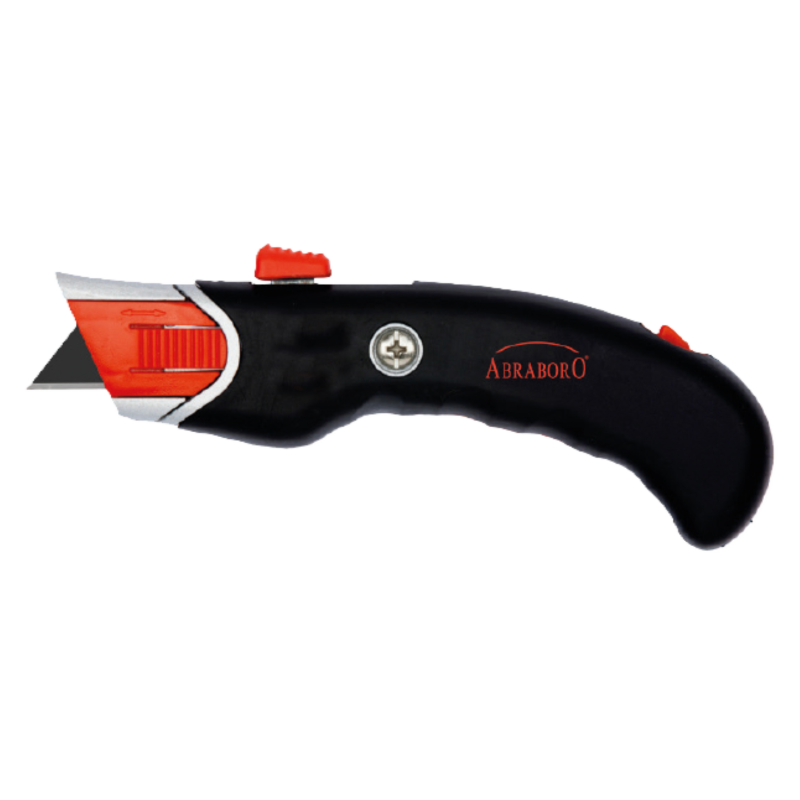 Utility knife with auto-retractable SK4 trapezoid blade, blade storage, black-red 2K handle, ABRABORO,manufacturer's image