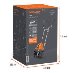 Elektriskais kultivators DAEWOO DAT 1200E 1000W – 300 mm darba platums, 230 mm darba dziļums, metāla pārnesumkārbas korpuss, 4 f