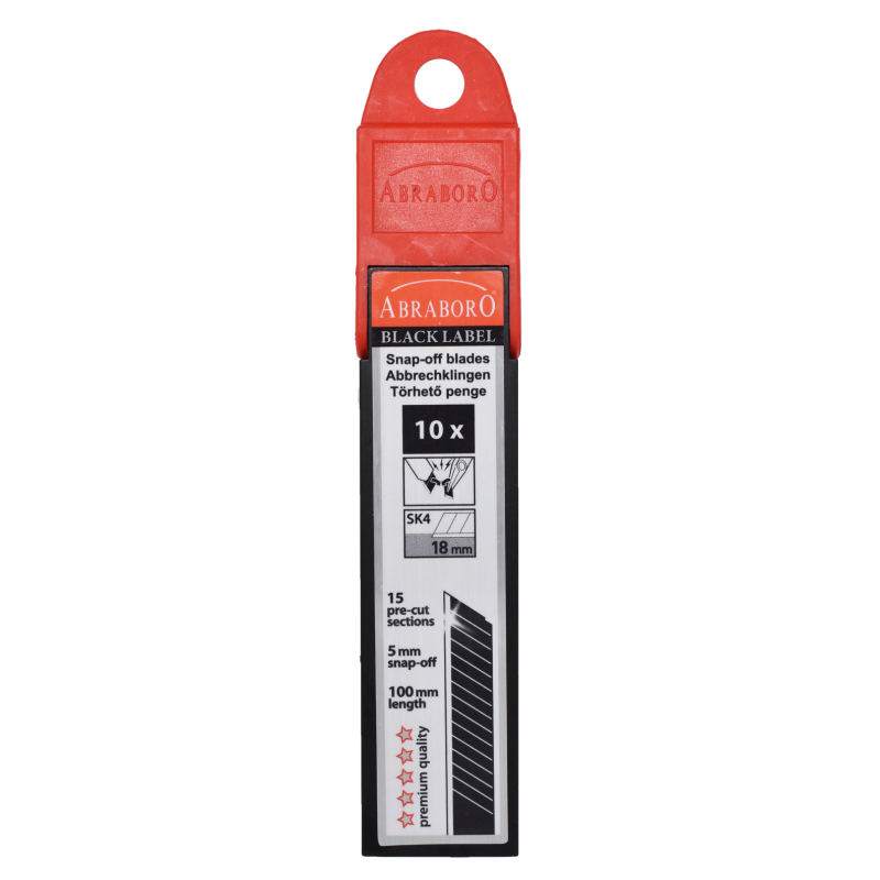 Snap-off blade for utility knife, SK4 steel, 18 mm or 9 mm wide, 100 mm or 80 mm long, BLACK LABEL, ABRABORO