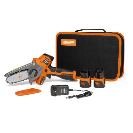 Akumulatora ķēdes zāģis DAEWOO DACS 416Li SET 16V – 10 cm sliede, 2 akumulatori, soma, viegls dārza zāģis