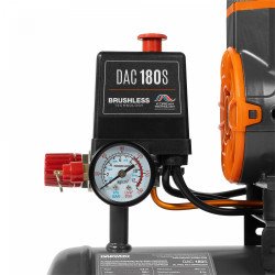 Bezeļļas kompresors DAEWOO DAC 180S 0,9 kW, 170 l/min, 8 bar, 8 l resīvers, 2 cilindri, bezoglīšu motors, zems trokšņa līmenis,