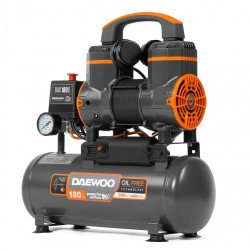 Безмасляный компрессор DAEWOO DAC 180S 0,9 кВт, 170 л/мин, 8 бар, ресивер 8 л, 2 цилиндра, безщёточный двигатель, низкий шум, IP