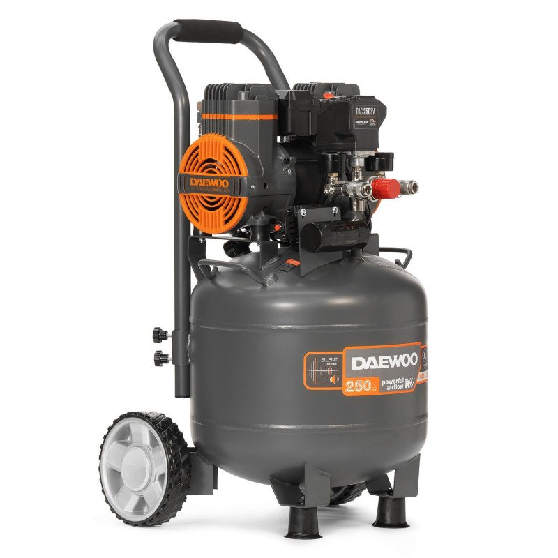 Безмасляный компрессор DAEWOO DAC 250SV 1,45 кВт 250 л/мин 8 бар 30 л, 2 цилиндра, 2 манометра, IP21, колёса