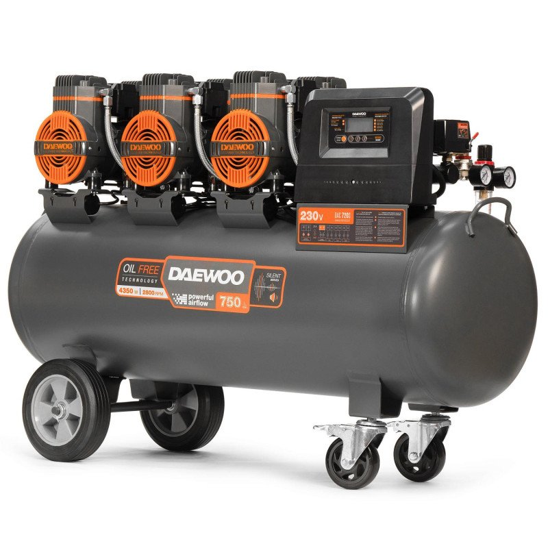 Bezeļļas kompresors DAEWOO DAC 720S 4,35 kW 750 l/min 8 bar 100 l resīvers, 6 cilindri, LCD kontrolieris, žāvētājs, IP21, riteņi
