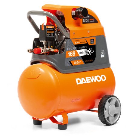 Gaisa kompresors DAEWOO DAC 24D 1,5 kW 169 l/min 8 bar 24 l resīvers, 2 manometri, 2 savienotāji, 230 V, riteņi, eļļas kontroles