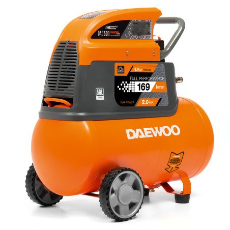 Gaisa kompresors DAEWOO DAC 50D 1,5 kW 169 l/min 8 bar 50 l resīvers, 2 manometri, 2 savienotāji, 230 V, riteņi, eļļas kontroles