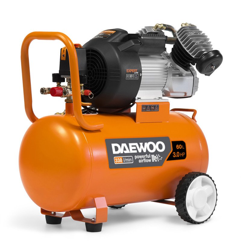 Воздушный компрессор DAEWOO DAC 60VD 2,2 кВт 338 л/мин 8 бар 60 л, 2 цилиндра, V-образная группа, 2 манометра, 230 В