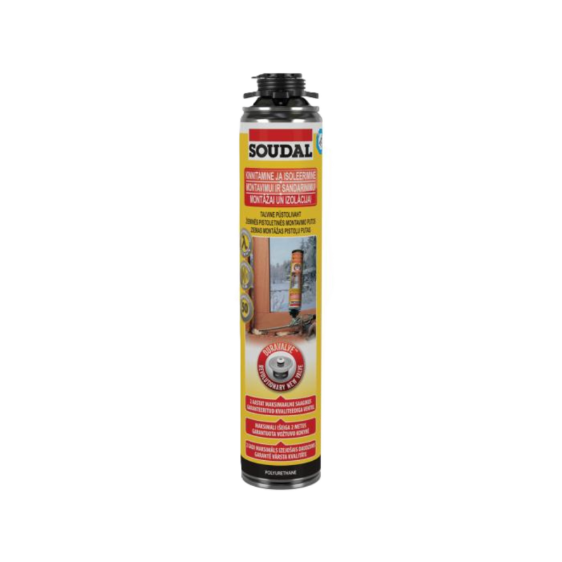 Poliuretāna putas šuvju un izolācijas aizpildīšanai, pistoles uzklāšana, ziemas apstākļiem, -10 °C, 750 ml, SOUDAL