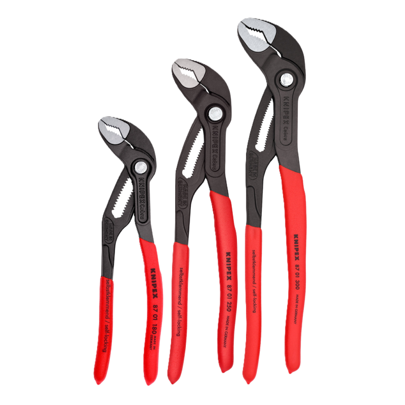 Ūdenssūkņa knaibles ar rūdītiem zobiem un regulēšanas pogu, KNIPEX Cobra