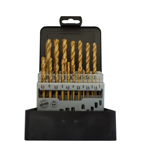 HSS-G TiN urbju komplekts 1,0–10,0 mm, 19 gab., split point gals, DIN 338, tēraudam, čugunam un plastmasai