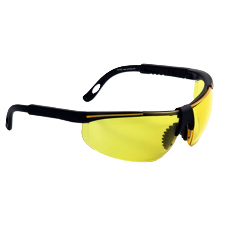 PROFI aizsargbrilles ar dzeltenām triecienizturīgām aizsarglēcām un regulējamām kājiņām darbam vājā apgaismojumā