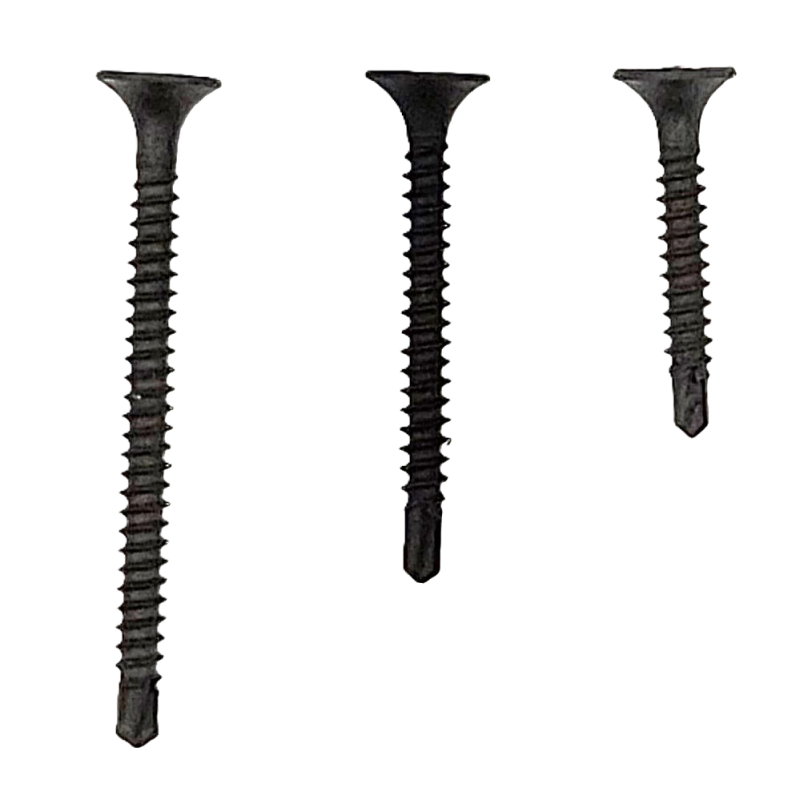Drywall screw with countersunk head and cross slot, self-drilling tip for metal profiles, black phosphate-coated steel