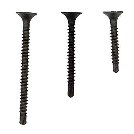 Drywall screw with countersunk head and cross slot, self-drilling tip for metal profiles, black phosphate-coated steel