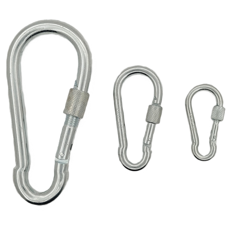 Karabīnes āķis ar vītņotu slēdzeni, cinkots tērauds, ķēdēm un trosēm, DIN 5299D