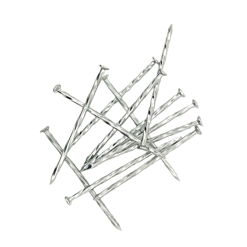 Twisted construction nail for wood fastening, zinc coated steel