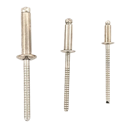 Blind rivet for heavy-duty single-side fastening, A2 stainless steel body with grooved mandrel and medium head