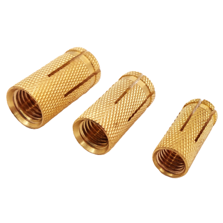Brass drop-in anchor for concrete fastening, knurled body with internal metric thread